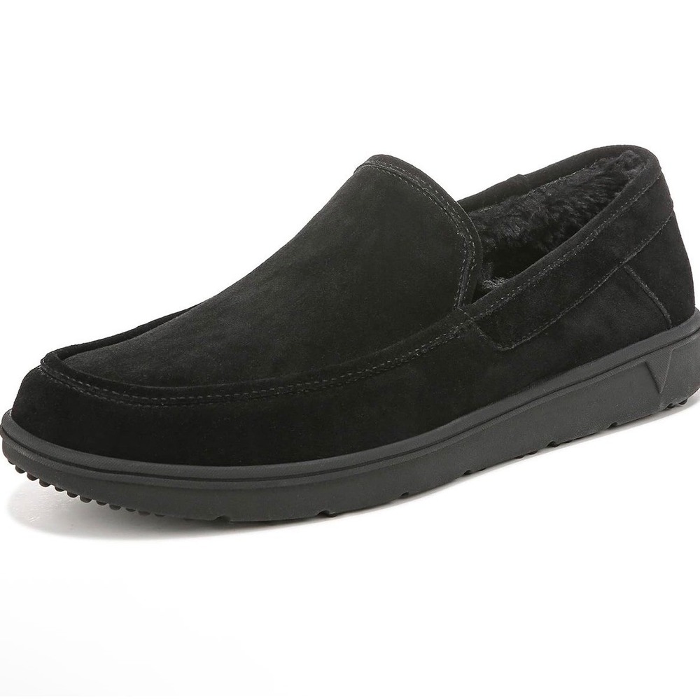 Vionic Mens Gustavo Black Suede Faux Fur Slippers House Shoes Size 8.5 US